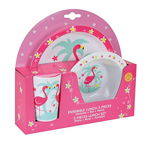 Fun House 005669 Flamingo-Essens-Set, mikrowellengeeignet, bestehend aus 1 Teller, 1 Schüssel und 1 Glas für Kinder von Fun House