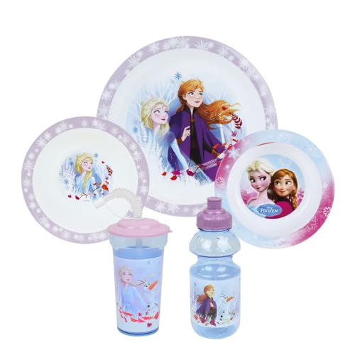 Fun House | Frozen Geschirrset Kinder | Großer Teller + 2 tiefe Teller + Trinkflasche + Becher mit Strohhalm | Lernen | wiederverwendbar und mikrowellengeeignet | Geschenk für 36 Monate+ von Fun House