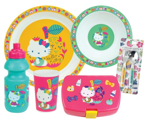 Hello Kitty Geschirrset für Kinder, mit 1 Glas 220 ml, 1 Suppenteller Ø 16 cm, 1 Teller Ø 22 cm, 1 Trinkbecher 350 ml, 1 Snackbox und 2 Decken, Höhe 13,5 cm – Geschirr wiederverwendbar ABLE von Fun House