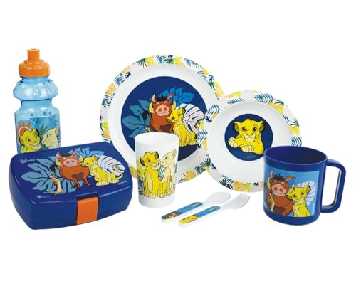 Le King Lion Geschirrset für Kinder mit Glas 220 ml, tiefer Teller Ø 16 cm, Teller Ø 22 cm, Becher 350 ml, Trinkflasche 350 ml, Snackbox und 2 Deckeln Höhe 13,5 cm – wiederverwendbar von Fun House