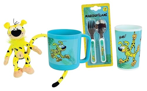 Marsupilami Geschirrset für Kinder mit 1 Glas 220 ml, 1 Becher 350 ml, 2 Deckeln Höhe 13,5 cm und 1 Schaufel +/- 18 cm – Geschirr wiederverwendbar von Fun House