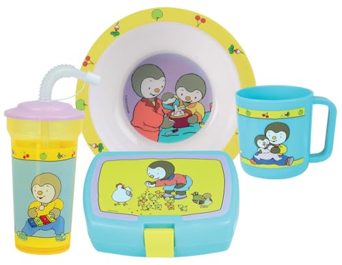 T'Choupi Geschirr-Set für Kinder, mit 1 tiefen Teller, Ø 16 cm, 1 Becher 350 ml, 1 Becher mit 400 ml und 1 Snackbox, wiederverwendbar von Fun House