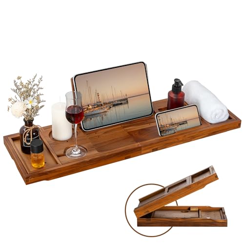 Badewannentablett aus Teakholz, luxuriöses Badewannentablett mit erweiterbaren Griffen, Weinglas- und Telefonhalterungen, Buchständer, perfekt für Zuhause, Spa, Entspannung und Lesen, natürliches von Fun Memories