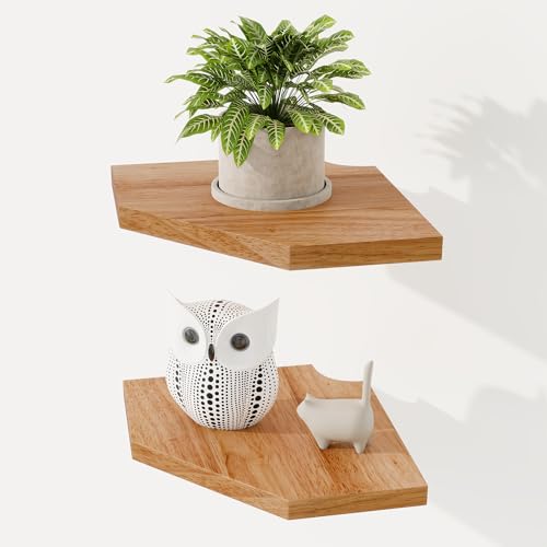 Fun Memories Eckregal Wandhalterung 2er Set - Massives Eichenholz Schwebendes Eckregal mit Kabelloch, 17,8 cm Rustikales Design für Schlafzimmer, Wohnzimmer, Küche (Natur) von Fun Memories