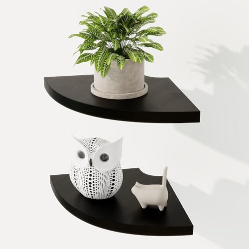 Fun Memories Eckregal Wandhalterung 2er Set - Massives Eichenholz Schwebendes Eckregal mit Kabelloch, 17,8 cm Rustikales Design für Schlafzimmer, Wohnzimmer, Küche (Schwarz) von Fun Memories