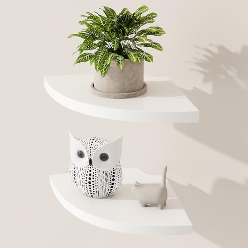 Fun Memories Eckregal Wandhalterung 2er Set - Massives Eichenholz Schwebendes Eckregal mit Kabelloch, 17,8 cm Rustikales Design für Schlafzimmer, Wohnzimmer, Küche (Weiß) von Fun Memories