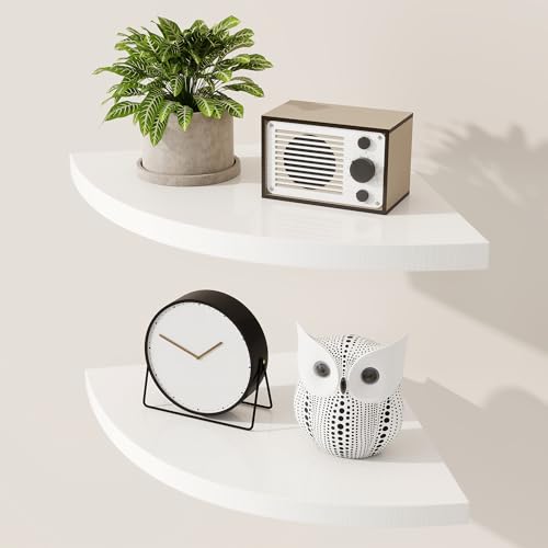 Fun Memories Eckregal Wandhalterung 2er Set - Massives Eichenholz Schwebendes Eckregal mit Kabelloch, 25,4 cm Rustikales Design für Schlafzimmer, Wohnzimmer, Küche (Weiß) von Fun Memories