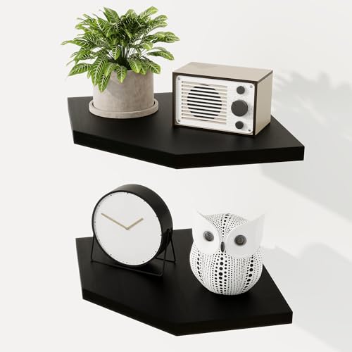 Fun Memories Eckregal Wandhalterung 2er Set - Massives Eichenholz Schwebendes Eckregal mit Kabelloch, 8,5 Zoll Rustikales Design für Schlafzimmer, Wohnzimmer, Küche (Schwarz) von Fun Memories
