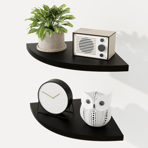 Fun Memories Eckregal Wandhalterung 2er Set - Massives Eichenholz Schwebendes Eckregal mit Kabelloch, 8,5 Zoll Rustikales Design für Schlafzimmer, Wohnzimmer, Küche (Schwarz) von Fun Memories