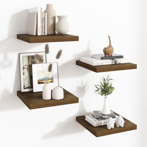 Fun Memories Quadratische schwebende Regale für die Wand, 30,5 cm tief, schwebende Regale mit unsichtbaren Halterungen, braunes kleines Wandregal für Wohnzimmer, Badezimmer, Schlafzimmer und Küche, 4 von Fun Memories