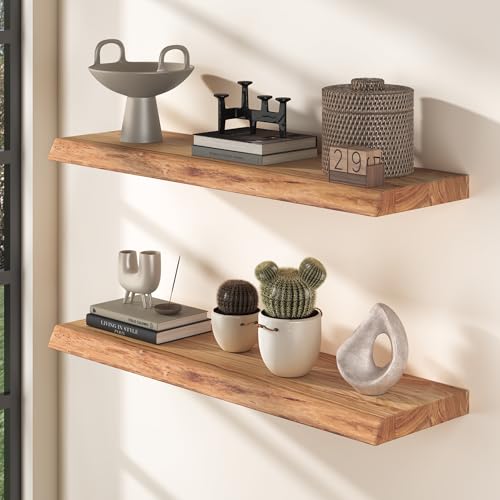 Fun Memories Rustikale schwebende Regale – 81,3 cm massives Ulmenholz Wandregal mit verdeckten Metallhalterungen (2er-Set, Natur) von Fun Memories