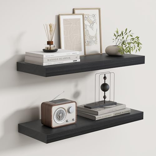 Fun Memories Rustikale schwebende Regale für Heimdekoration, 20,3 cm tief, schwebendes Wandregal aus Massivholz, 61 cm lang, tiefe Wandregale für Badezimmer, Wohnzimmer, schwarzes Finish, 2er-Set von Fun Memories