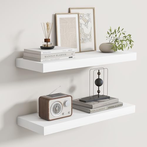 Fun Memories Rustikale schwebende Regale für Heimdekoration, 20,3 cm tief, schwebendes Wandregal aus Massivholz, 61 cm lang, tiefe Wandregale für Badezimmer, Wohnzimmer, weißes Finish, 2er-Set Fun Memories Rustikale schwebende Regale für Heimdekoration, 20,3 cm tief, schwebendes Wandregal aus Massivholz, 61 cm lang, tiefe Wandregale für Badezimmer, Wohnzimmer, weißes Finish, 2er-Set von Fun Memories