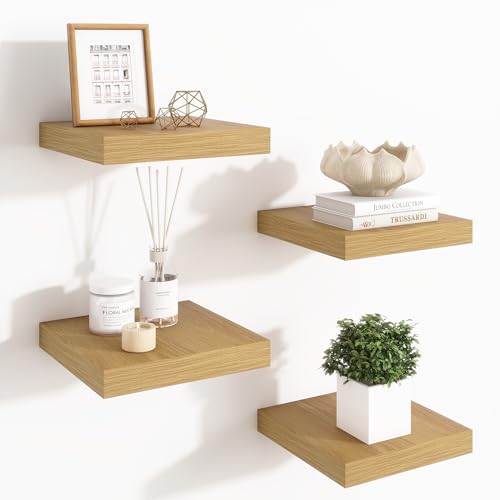 Fun Memories Schweberegale für die Wand – 19,1 cm quadratische Regale mit unsichtbaren Halterungen, kleines Wandregal aus Eichenholz für Wohnzimmer, Badezimmer, Schlafzimmer und Küche, 4 Stück von Fun Memories