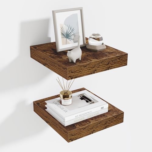Fun Memories Schweberegale für die Wand – 25,4 x 25,4 cm Holzregal mit unsichtbarer Halterung – tief schwebende Regale – 25,4 cm Regal zur Wandmontage für Wohnzimmer & Badezimmer – Rustikales Braun von Fun Memories