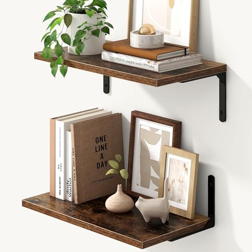 Fun Memories Tief schwebende Regale, 16W x 8D Schweberegale 2er Set, Wandmontiertes Regal mit Metallhalterungen, Rustikales Holz-Wandregal für Badezimmer, Küche und Wohnzimmer, Rustikales Braun von Fun Memories