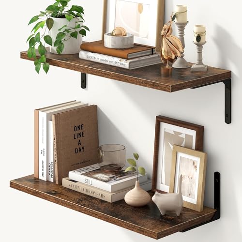 Fun Memories Tief schwebende Regale, 24W x 8D Schweberegale 2er Set, Wandmontiertes Regal mit Metallhalterungen, Rustikales Holz-Wandregal für Badezimmer, Küche und Wohnzimmer, Rustikales Braun von Fun Memories