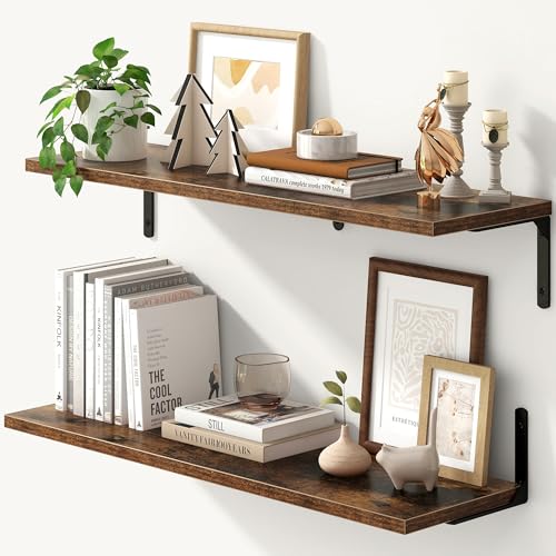 Fun Memories Tief schwebende Regale, 32W x 8D Schweberegale 2er Set, Wandmontiertes Regal mit Metallhalterungen, Rustikales Holz-Wandregal für Badezimmer, Küche und Wohnzimmer, Rustikales Braun von Fun Memories