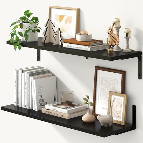 Fun Memories Tief schwebende Regale, 32W x 8D Schweberegale 2er Set, Wandmontiertes Regal mit Metallhalterungen, Rustikales Holz-Wandregal für Badezimmer, Küche und Wohnzimmer, Schwarz von Fun Memories