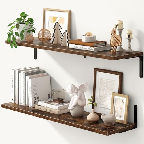 Fun Memories Tief schwebende Regale, 36W x 8D Schweberegale 2er Set, Wandmontiertes Regal mit Metallhalterungen, Rustikales Holz-Wandregal für Badezimmer, Küche und Wohnzimmer, Rustikales Braun von Fun Memories