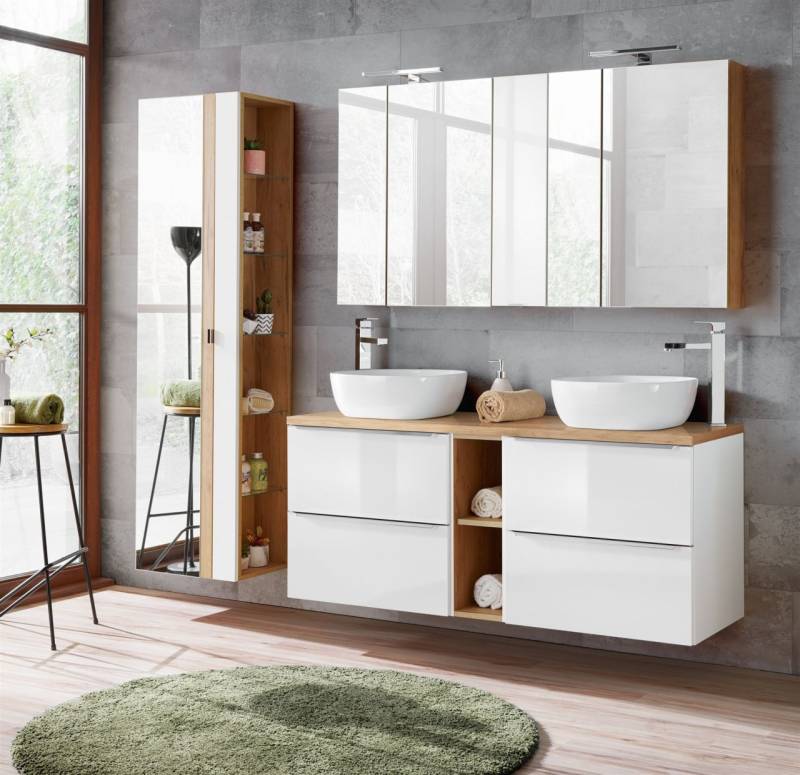 Badmöbel Set 10-tlg Badezimmerset PERUGIA Weiss HGL inkl.Waschbecken von Fun Moebel