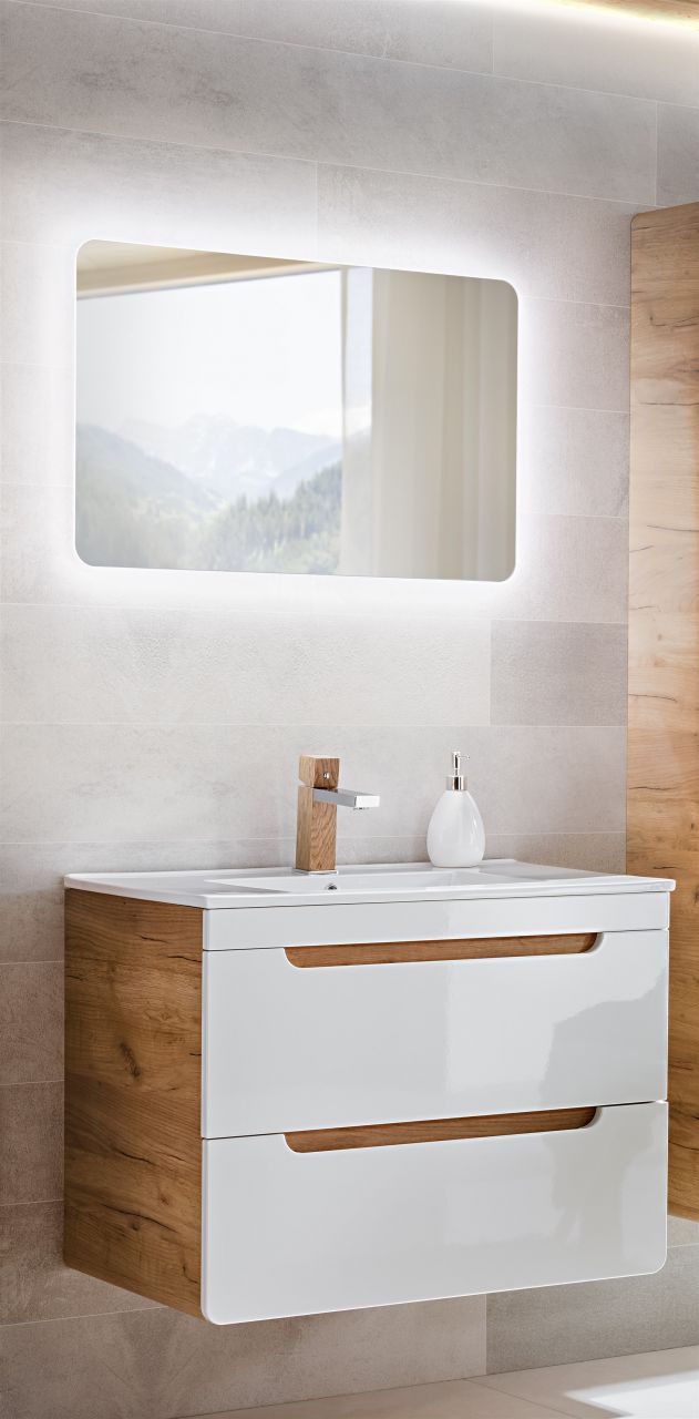 Badmöbel Set 2-tlg Badezimmerset FERMO Weiss HGL inkl.Waschtisch 60cm von Fun Moebel