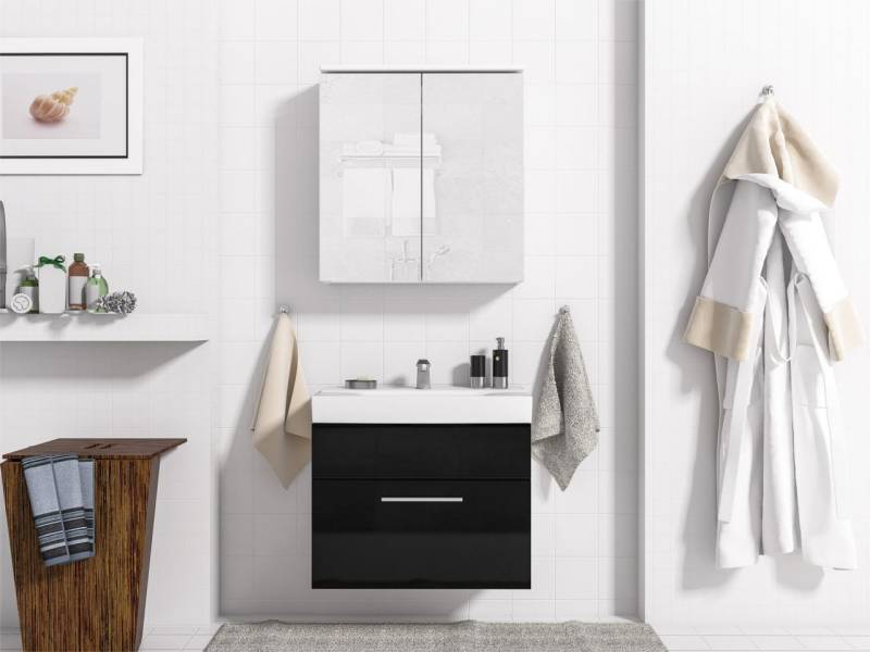 Badmöbel Set 3-Tlg Weiss / Schwarz Hochglanz MINI inkl.Waschtisch von Fun Moebel