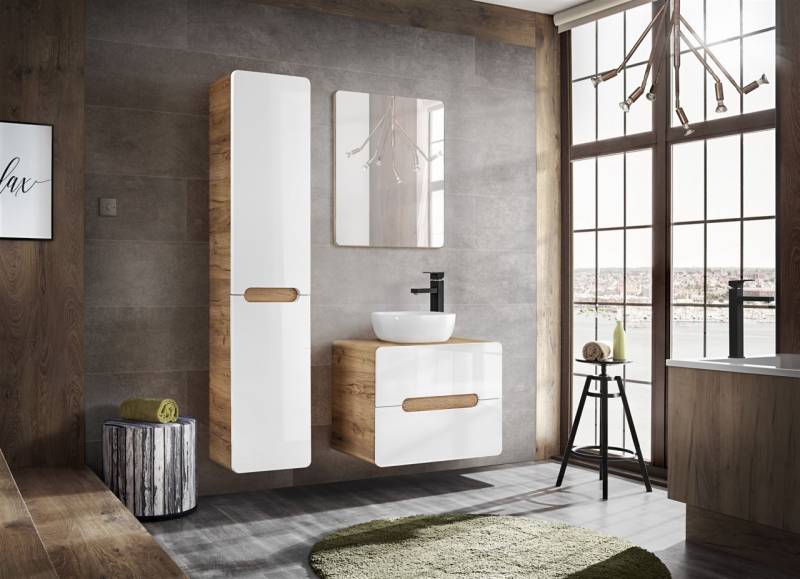 Badmöbel Set 3-tlg Badezimmerset FERMO Weiss HGL 80cm ohne Waschtisch von Fun Moebel