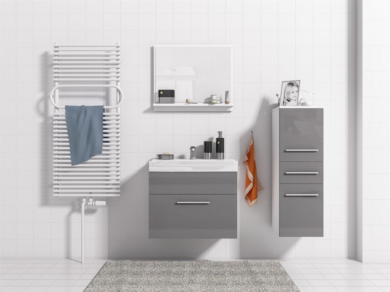 Badmöbel Set 4-Tlg Weiss / Grau Hochglanz LUCY S inkl.Waschtisch von Fun Moebel