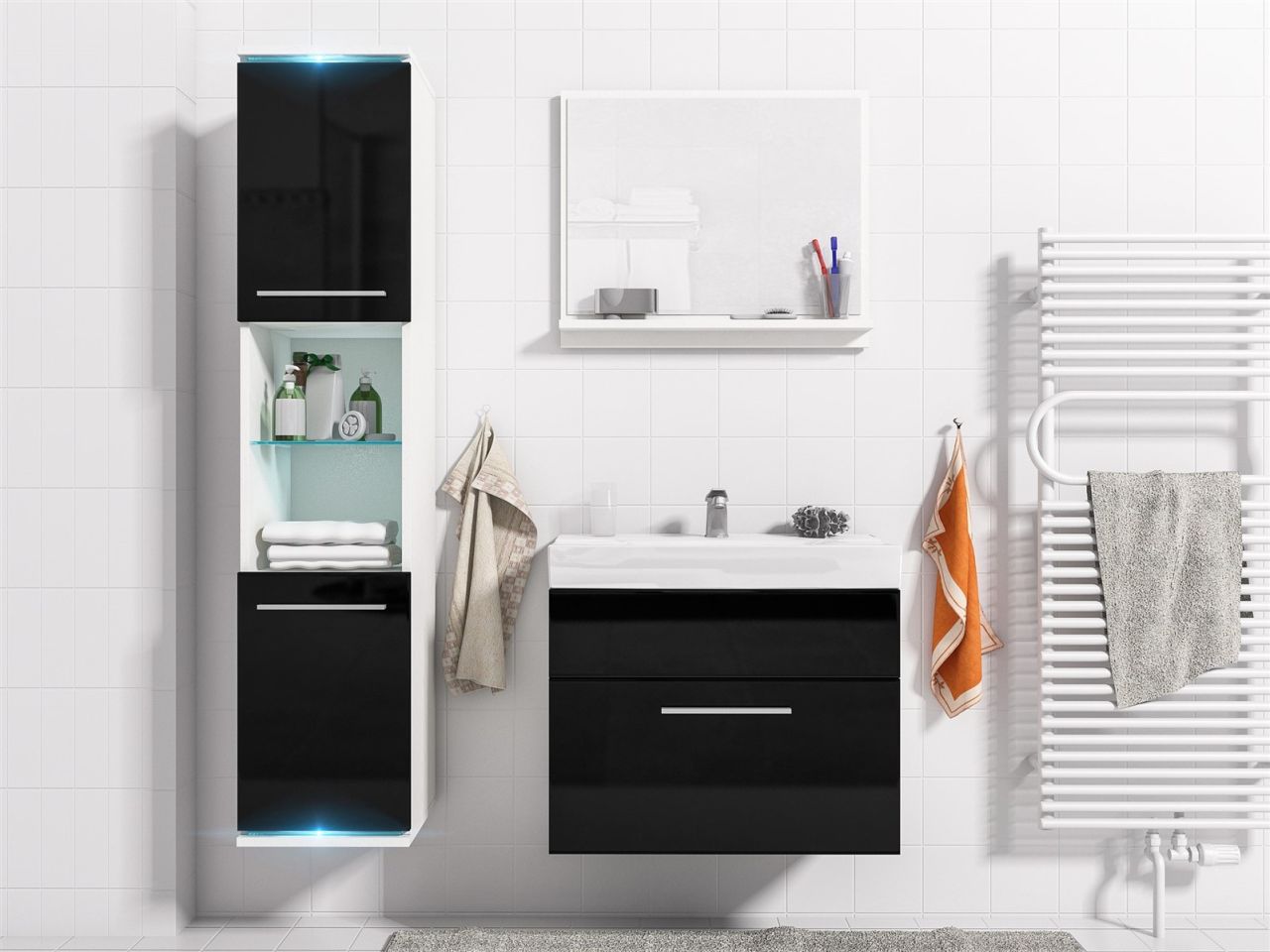 Badmöbel Set 4-Tlg Weiss / Schwarz HGL TOPI inkl.Waschtisch von Fun Moebel
