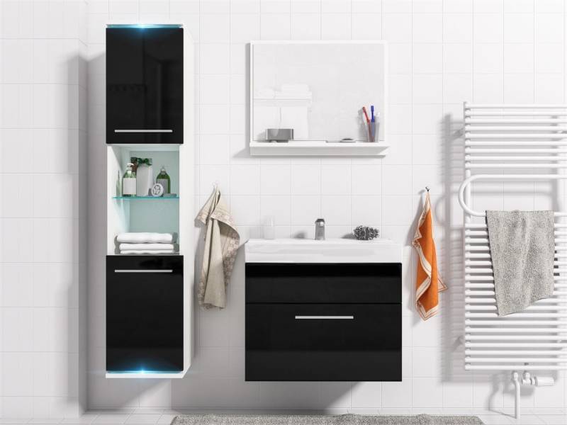 Badmöbel Set 4-Tlg Weiss / Schwarz HGL TOPI inkl.Waschtisch von Fun Moebel