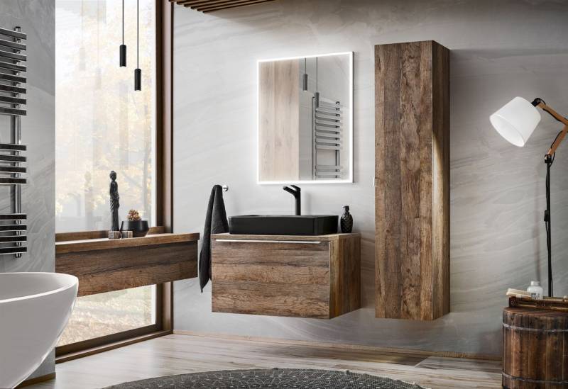 Badmöbel Set 4-tlg Badezimmerset AKAN Vintage Eiche Spiegel inkl. Waschtisch von Fun Moebel