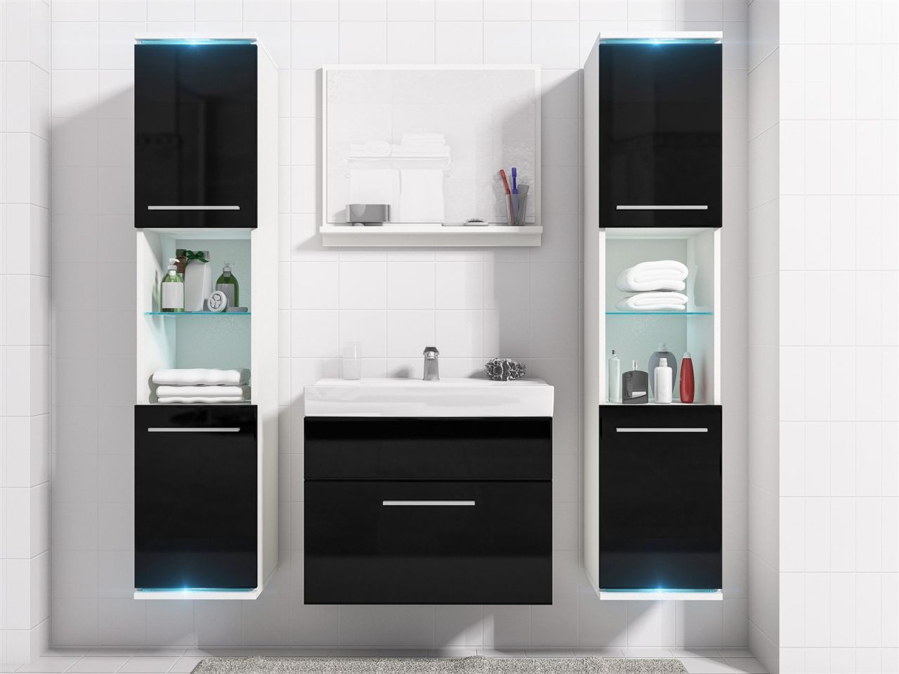 Badmöbel Set 5-Tlg Weiss / Schwarz HGL TOPLINE inkl.Waschtisch von Fun Moebel