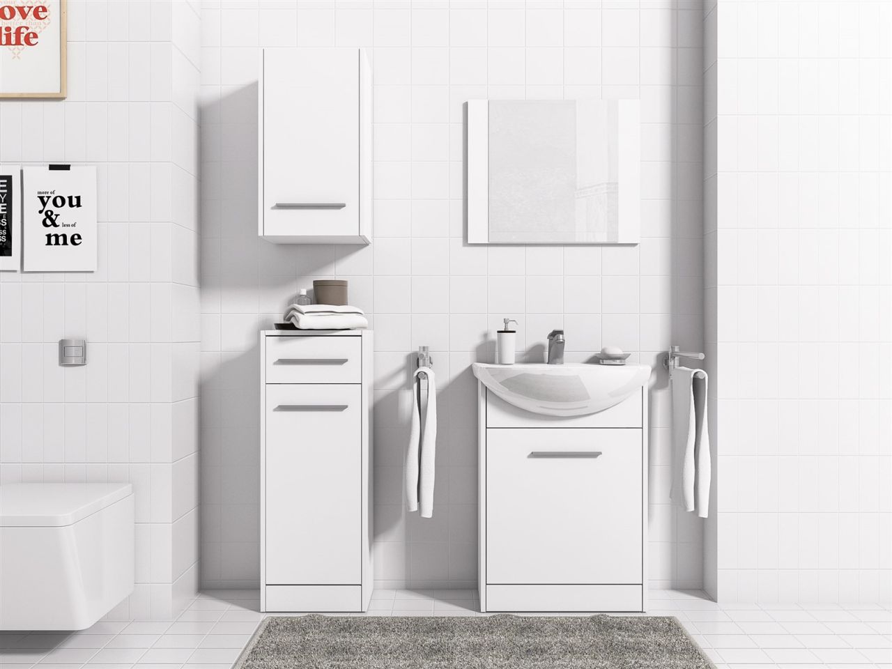 Badmöbel Set 5-Tlg Weiss matt PERM inkl.Waschtisch von Fun Moebel