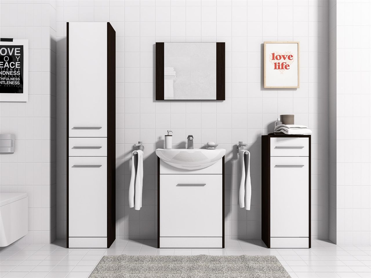 Badmöbel Set 5-Tlg Wenge / Weiss matt SEVILLA inkl.Waschtisch von Fun Moebel