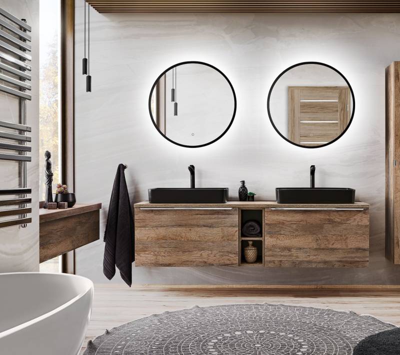 Badmöbel Set 5-tlg Badezimmerset AKAN Vintage Eiche Spiegel 80cm ohne Waschtisch von Fun Moebel