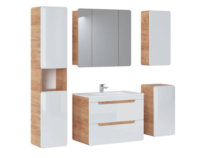 Badmöbel Set 5-tlg Badezimmerset FERMO Weiss HGL inkl.Waschtisch 80cm von Fun Moebel