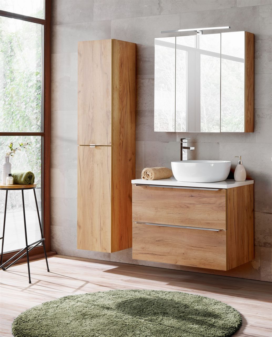 Badmöbel Set 5-tlg Badezimmerset PERUGIA Eiche inkl.Waschbecken 60cm von Fun Moebel