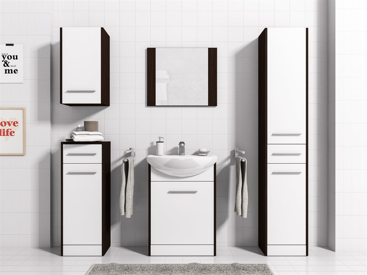 Badmöbel Set 6-Tlg Wenge / Weiss matt SEVILLA L inkl.Waschtisch von Fun Moebel