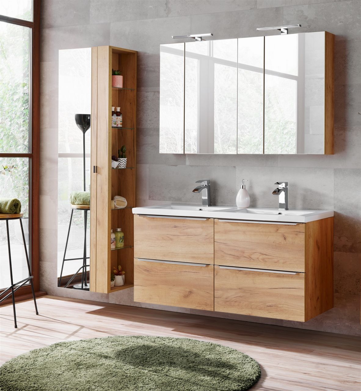 Badmöbel Set 6-tlg Badezimmerset PERUGIA Gold Eich inkl.Waschbecken von Fun Moebel