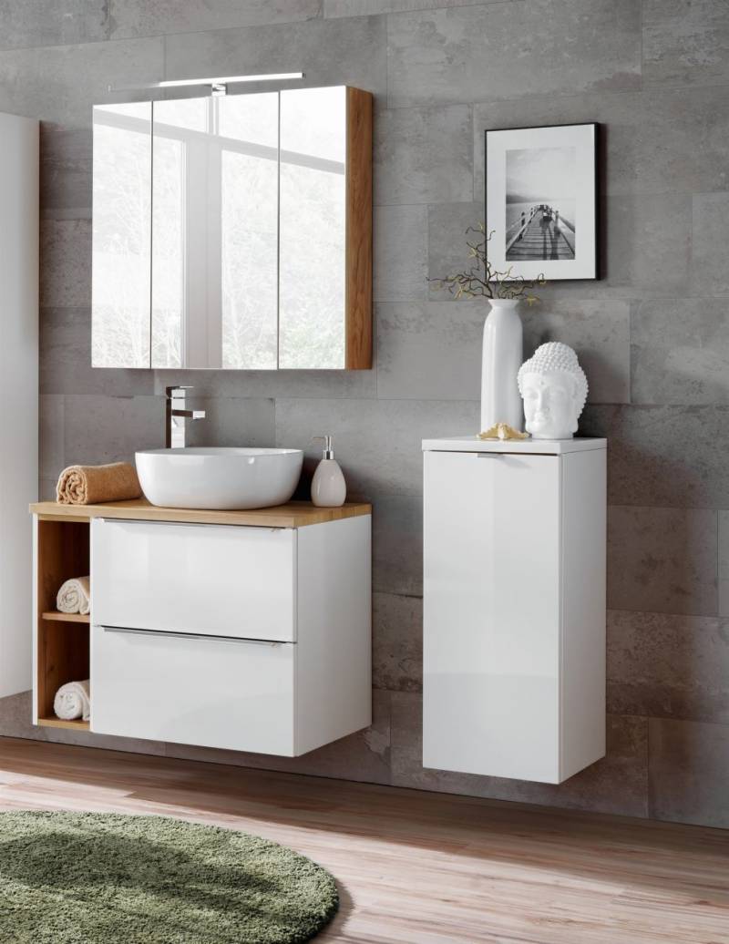 Badmöbel Set 6-tlg Badezimmerset PERUGIA Weiss HGL inkl.Waschbecken von Fun Moebel