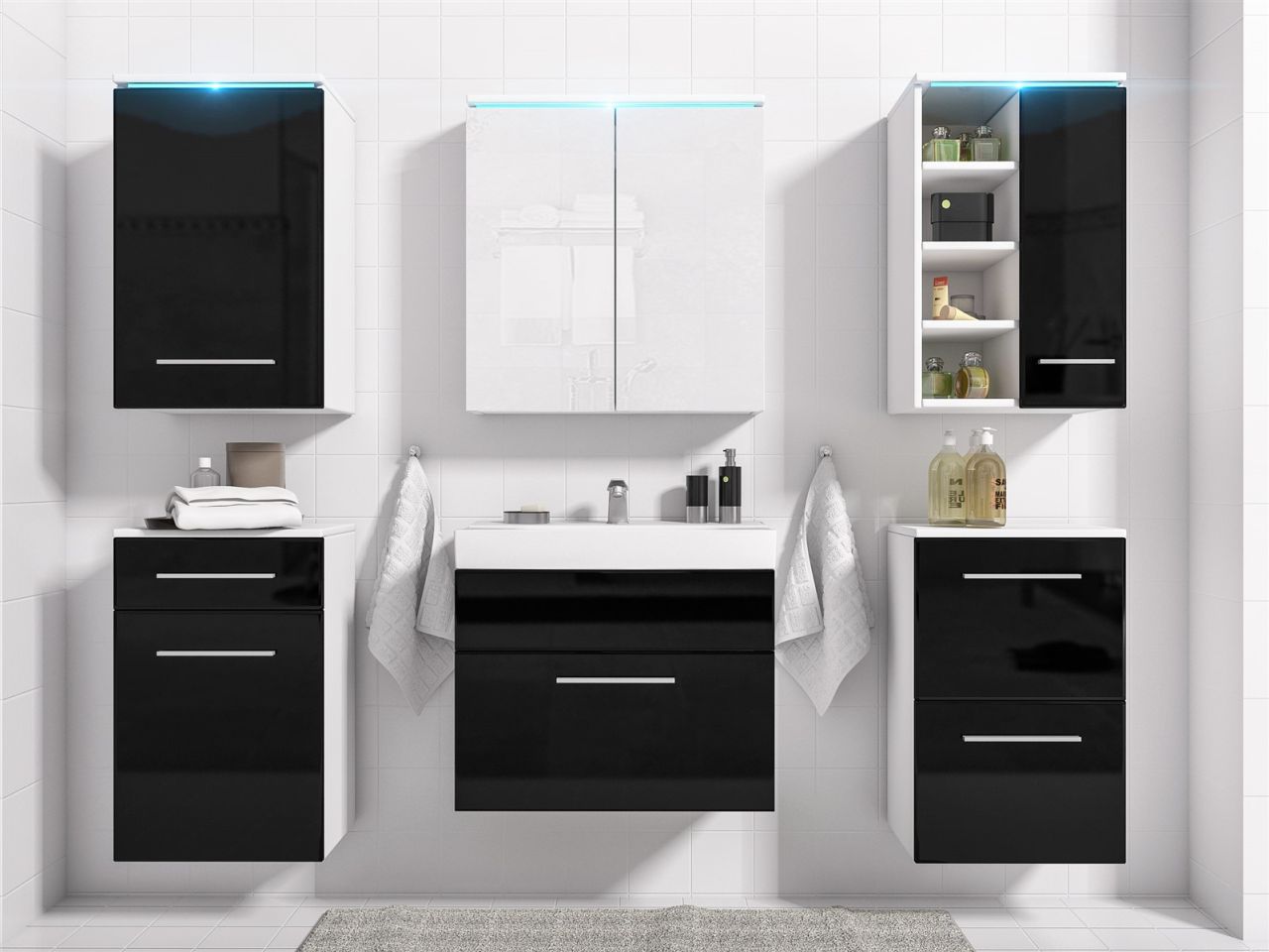 Badmöbel Set 7-Tlg Weiss / Schwarz HGL MAXI inkl.Waschtisch inkl.LED von Fun Moebel