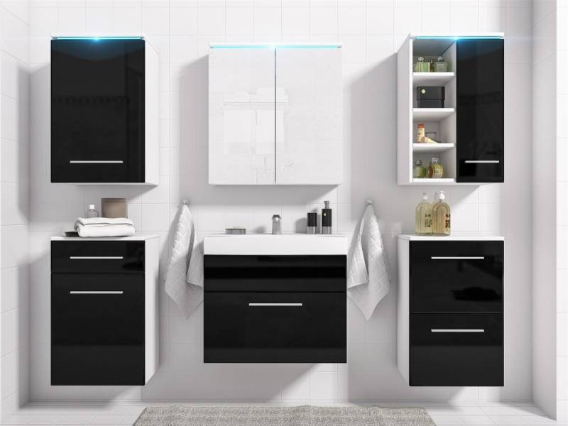Badmöbel Set 7-Tlg Weiss / Schwarz HGL MAXI inkl.Waschtisch inkl.LED von Fun Moebel