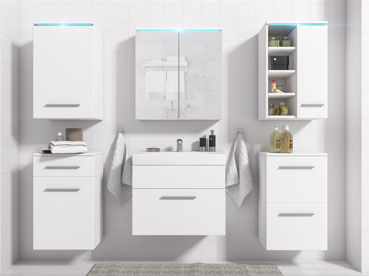 Badmöbel Set 7-Tlg Weiss matt MAXI inkl.Waschtisch inkl.LED von Fun Moebel