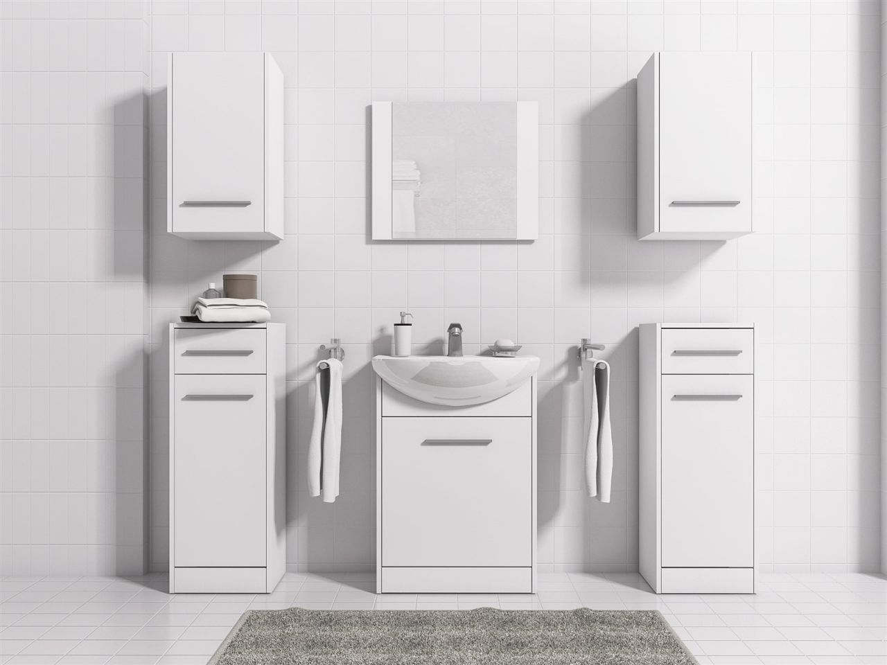 Badmöbel Set 7-Tlg Weiss matt PERM Nr.4 inkl.Waschtisch von Fun Moebel