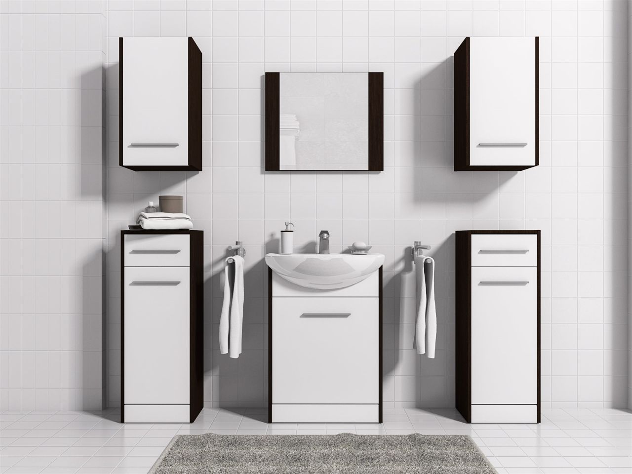 Badmöbel Set 7-Tlg Wenge / Weiss matt PERM Nr.4 inkl.Waschtisch von Fun Moebel