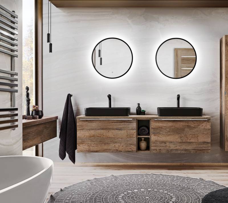 Badmöbel Set 7-tlg Badezimmerset AKAN Vintage Eiche Spiegel 60cm inkl Waschtisch von Fun Moebel