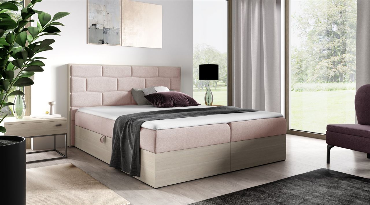 Boxspringbett Bett BEILA 120x200cm Nordic Teak Stoff Rosa inkl. Bettkasten von Fun Moebel