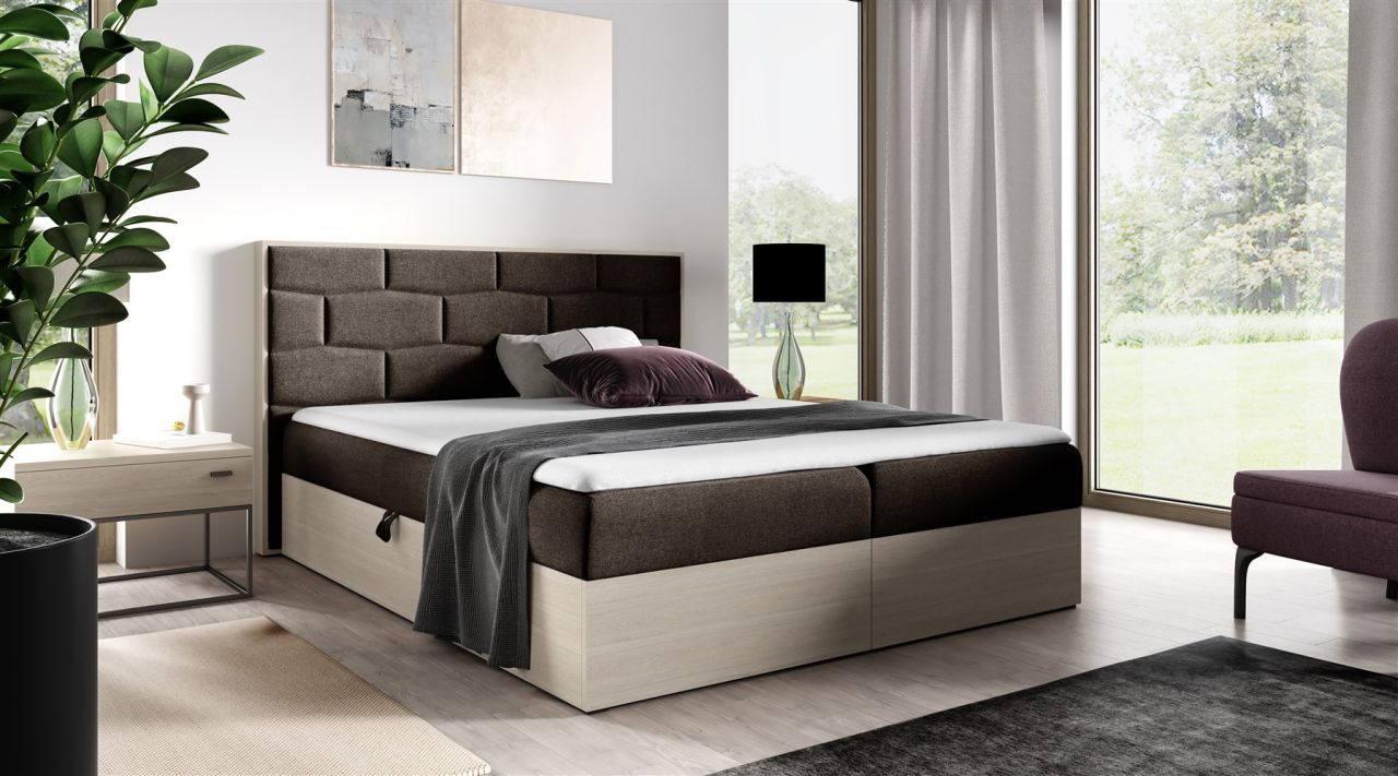 Boxspringbett Bett BEILA 140x200cm Nordic Teak Stoff Braun inkl. Bettkasten von Fun Moebel