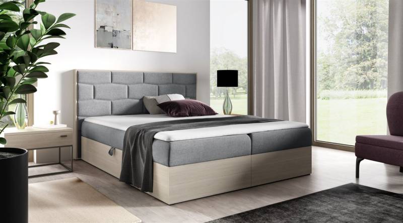 Boxspringbett Bett BEILA 140x200cm Nordic Teak Stoff Grau inkl. Bettkasten von Fun Moebel